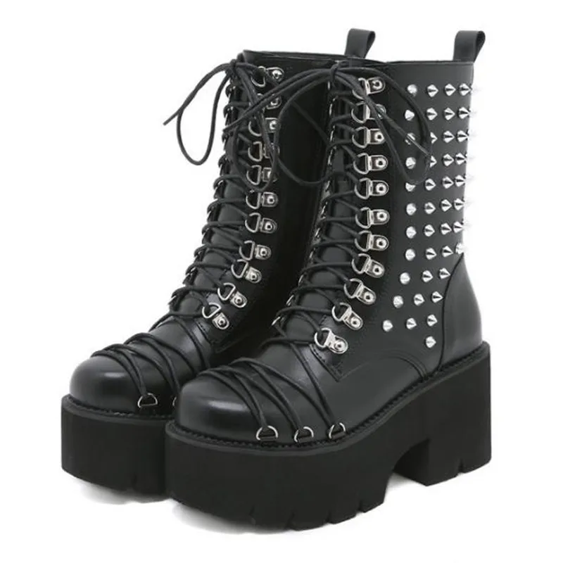 8CM New Handmade Women Motorcycle Punk Boots Mori Girl Lady Lolita Boots Woman High Top Boots Platform Fahion Rivets Goth Dark