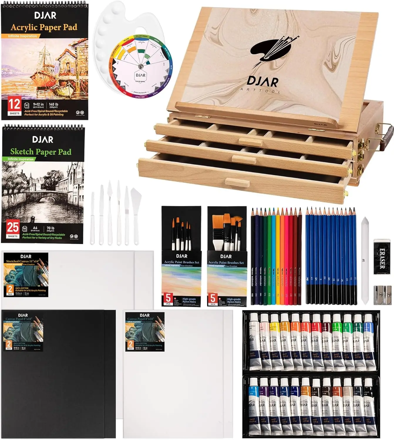 

87-Piece Acrylic Paint Set with 3-Drawer Storage, 24 Colors, Sketchbook, Art Kit for Adults and Beginners