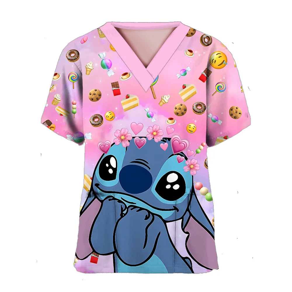 T-shirt tascabile da donna manica corta abbigliamento ospedaliero estate Disney Stitch T-shirt con scollo a V uniforme da infermiera T-shirt Cartoon Top