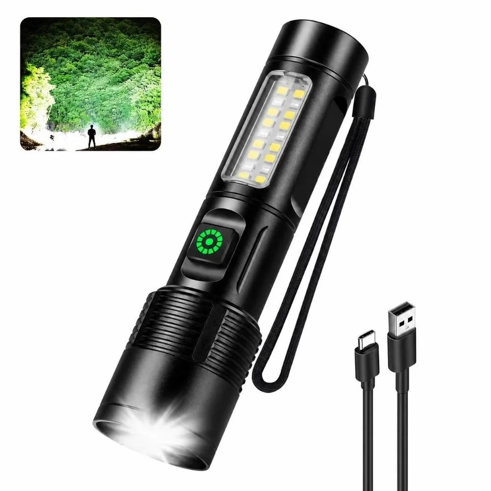 Rechargeable LED Flashlight Multiple Lighting Mode Adjustable Beam COB Side Light Waterproof Long Lasting Emergency Flashlight