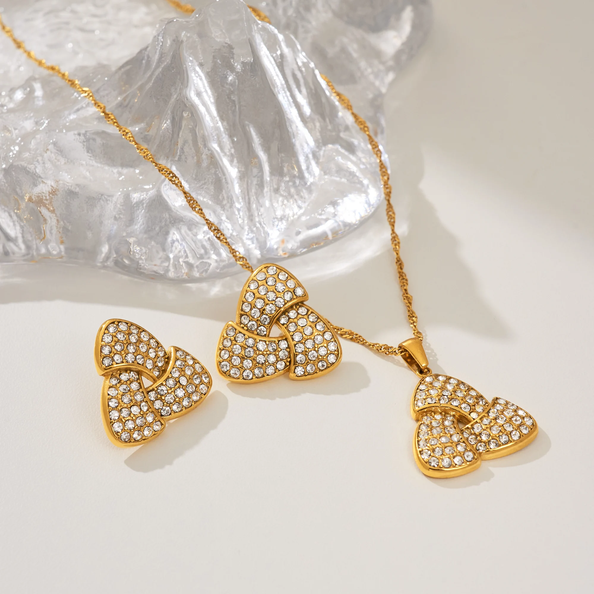 

DASEIN Vintage Stainless Steel Triangle Iced Zircon Earrings Necklace Set 18k Gold Plated Tarnish Free Designer Jewelry Women