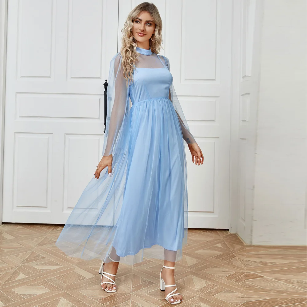 

Elegant Blue Mesh 2 Pieces Dress Women Autumn Evening Party Maxi Dresses Kaftan Dubai Abaya Outfits Set Vestidos Turkey Caftan