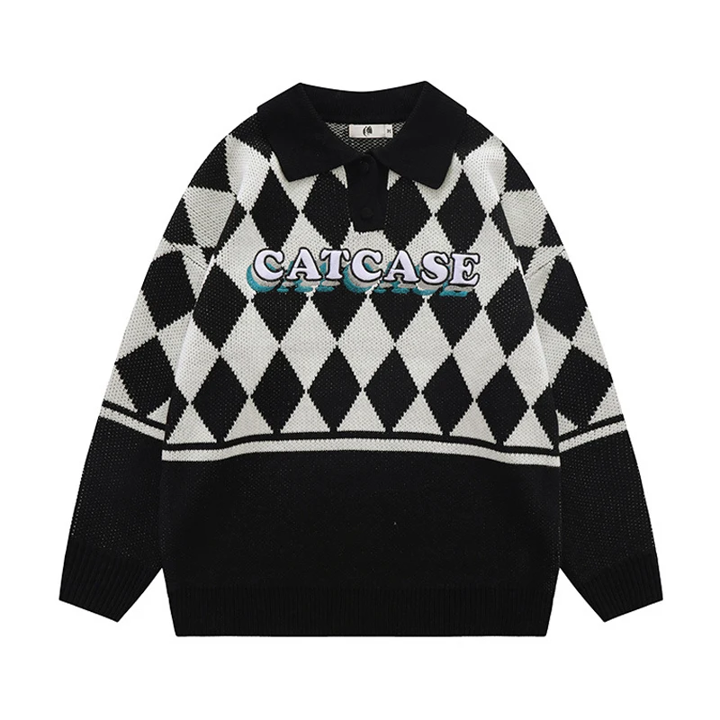 

2022 Men Sweater Streetwear Letter Embroidery Print Rhombus Knitted Sweater Hip Hop Retro Pullover Autumn Cotton Casual Hipster