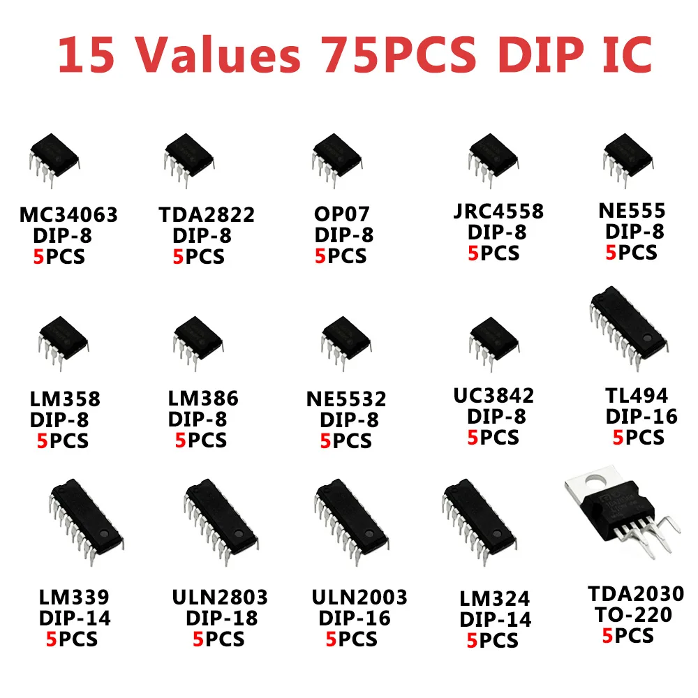 75PCS 15 Values Integrated Circuit DIP IC Kit LM358 , LM386 , TO-220 TDA2030--ULN2803 , UC3842 for Electronics Projects