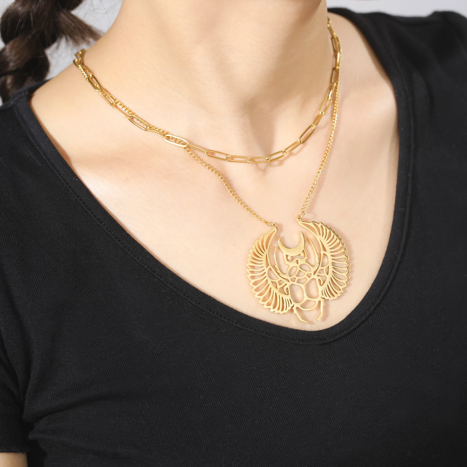 Collana a doppio strato in acciaio inossidabile collana con ciondolo a forma di scarabeo in oro egiziano antico per accessori per gioielli con