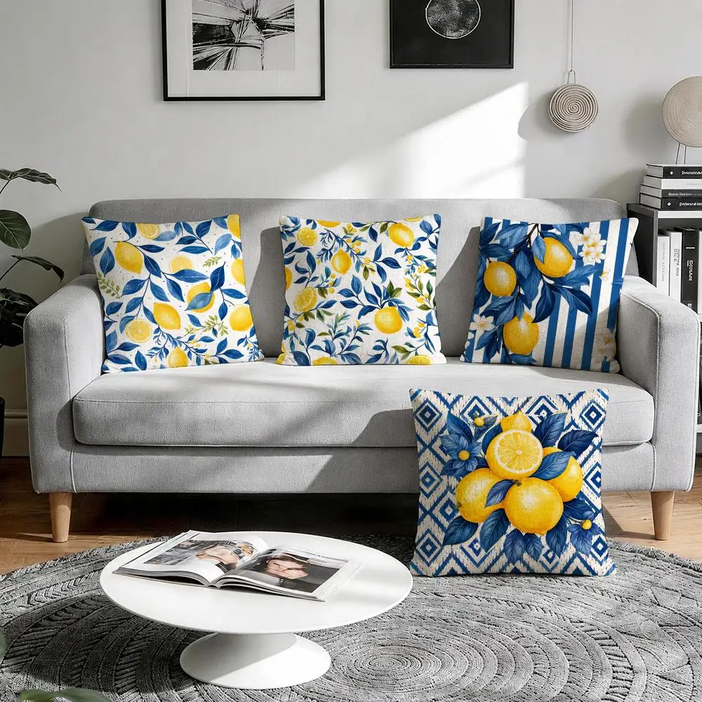 Blue Tile Mediterranean Lemon Cushion Cover Natural Breathable Durable Linen Printed Decor Pillow Case Sofa Bedroom