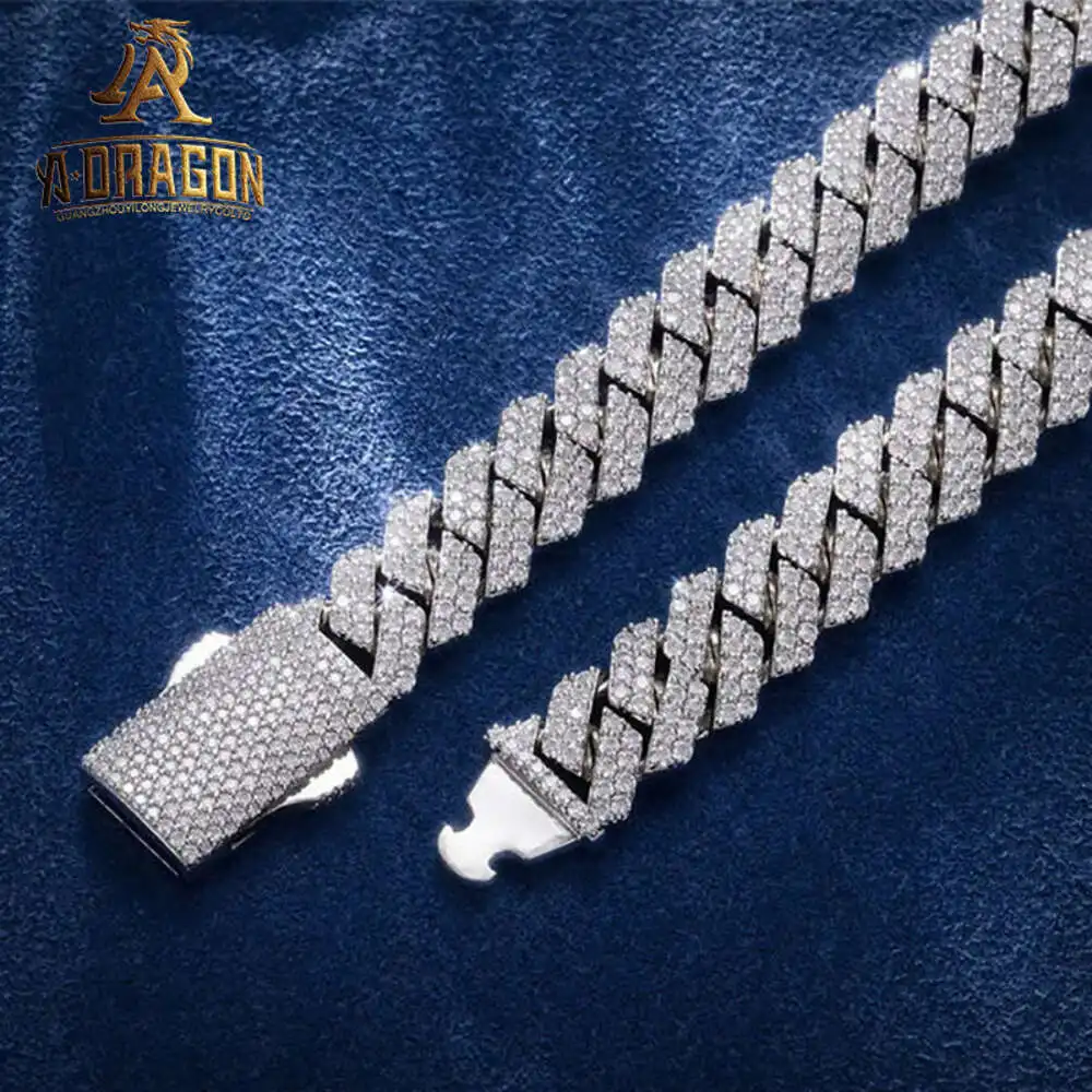 18mm Waterproof Iced Out Prong Set Moissanite Diamond White Gold Plated Cuban Chain Necklace for Men