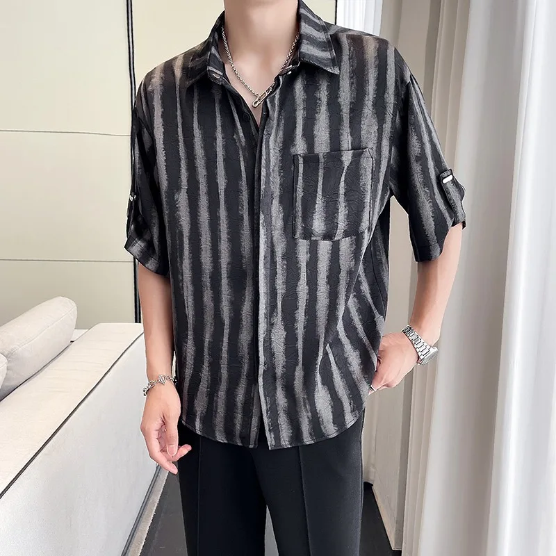 2024 Zomer Mesh Koele Halve Mouwen Shirts Heren Strepen Losse Casual Shirt Mode Veelzijdige Tops Social Streetwear Shirt