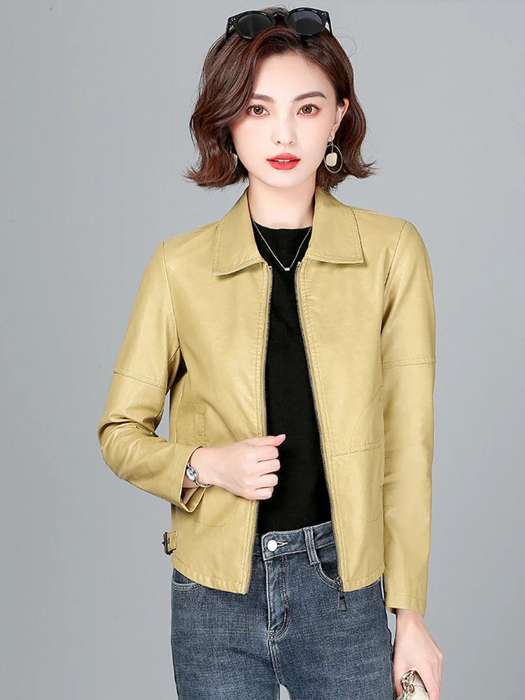 Nieuwe Dames Schapenvacht Jas Lente Herfst 2025, Mode Casual Lange Mouw Korte Rits Leren Jas Losse Split Lederen Bovenkleding