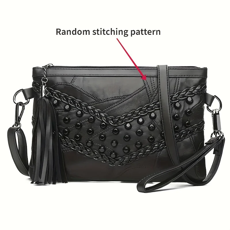 Studded Decor Crossbody Bag, Gothic Black Shoulder Bag, Trendy Wrist Clutch Purse With Tassel