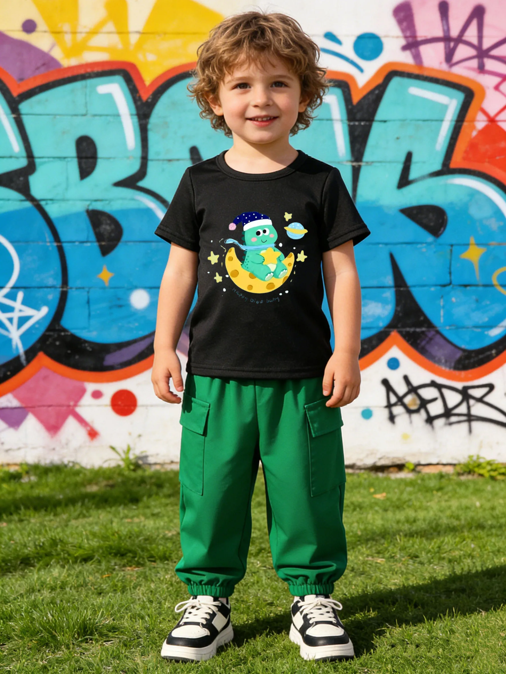 Schwarze T + grüne Cargohose: Moon Dino – Trendiges Space-Outfit für Jungen