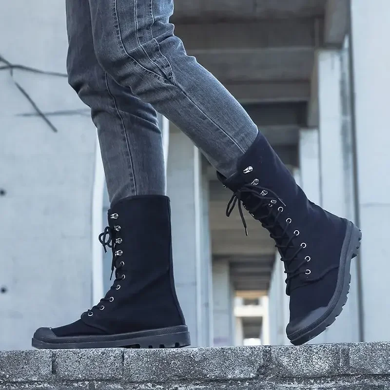الرجال البريطانية عالية أعلى قماش منتصف العجل الأحذية ربيع الخريف في الهواء الطلق المضادة للانزلاق الرمال الغبار برهان قطعة واحدة اللسان أحذية عمل