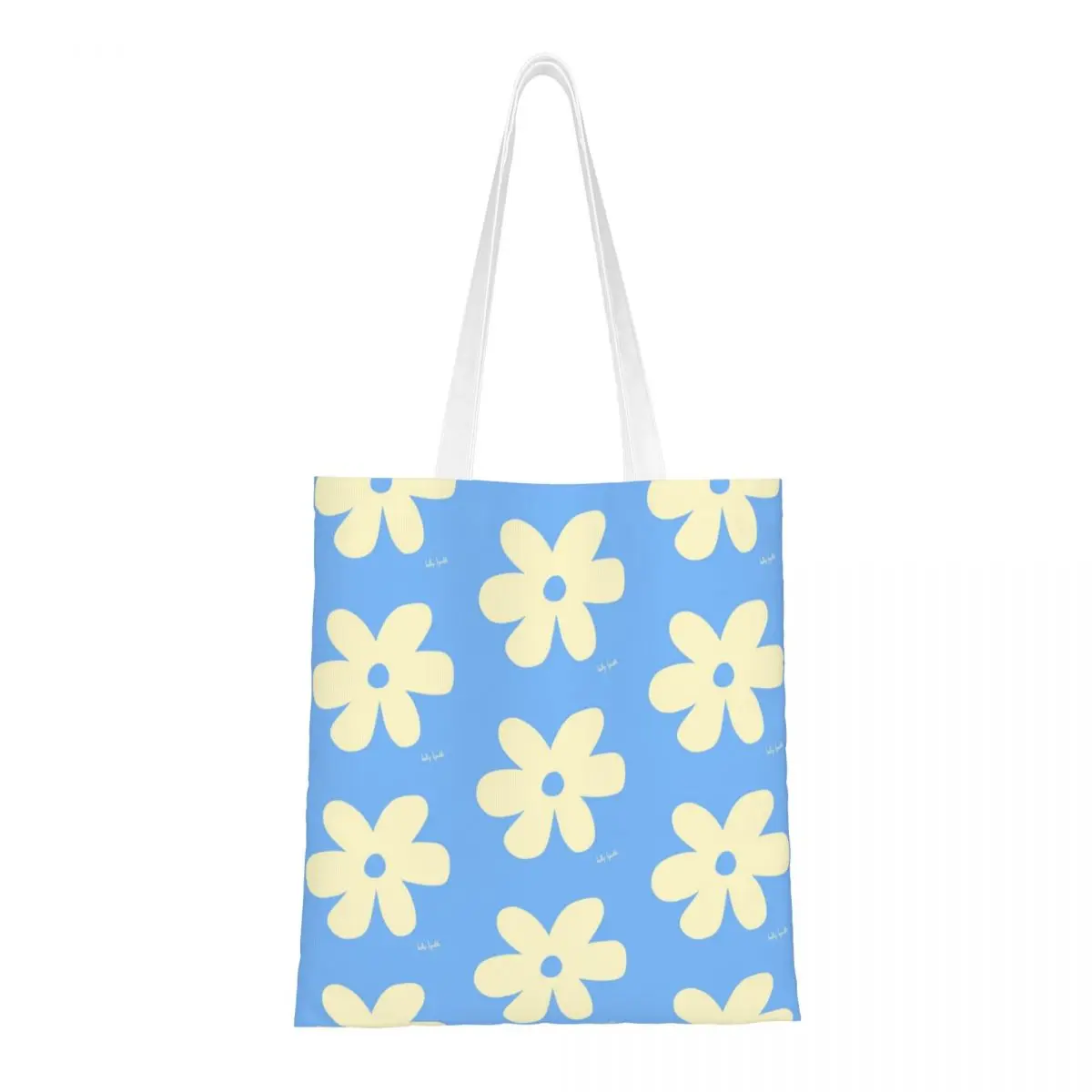 Pastel Blue Flower Print Canvas Tote Bag Reusable Large Capacity Colorful Floral Trend Bags for Women Men