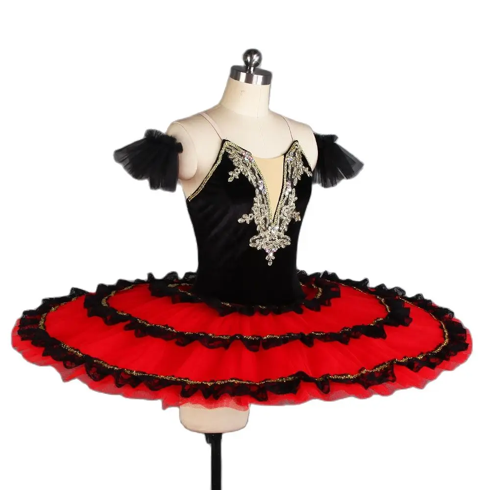 Adult Girls Red Spanish Dress Professional Ballet Dance Tutus Black Stretch Velvet Bodice with Tiered Pancake Tutus BLL408