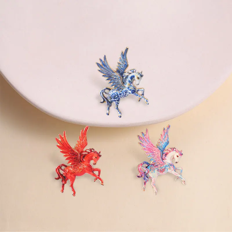 Fantasy Pegasus Enamel Pins Mythical Winged Flying Horse Retro Floral Blue White Porcelain Brooches Animal Badge Jewelry Gifts