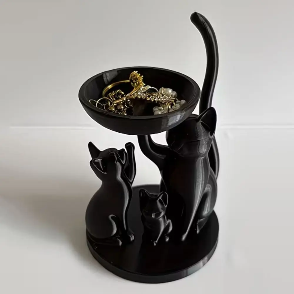 Cartoon Cat Jewelry Tray 3D Printed Decorative Desktop Ring Holder Cat Family-Shaped Space Saving Cat Ornament Desktop Use