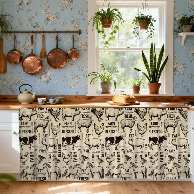 VIKAMA Farm Animal Self Adhesive Cabinet Curtain Under Sink Skirt Dustproof Farmhouse Kitchen Hide Curtain Home Decor