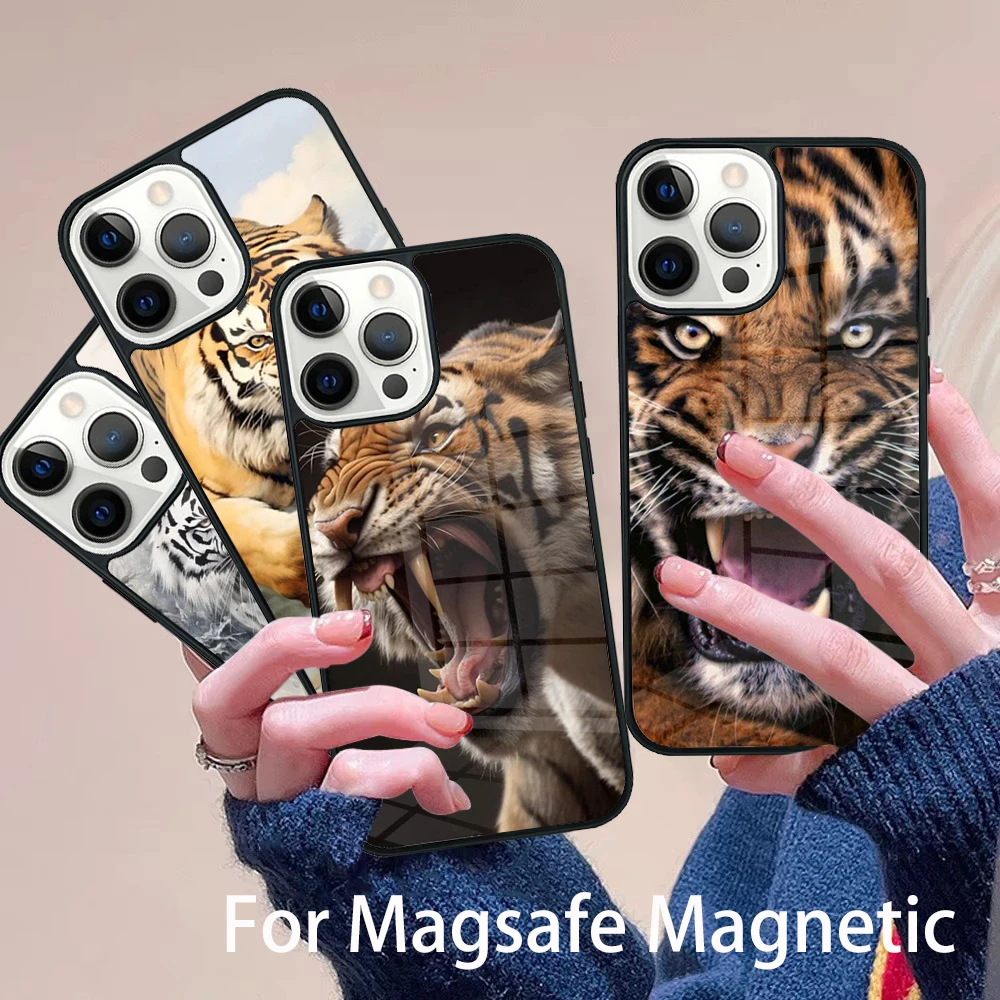 

Ferocious Tiger Animal Phone Case Magesafe Magnetic Wireless Charge Cover For IPhone 16 11 12 13 14 15 Pro Max Plus Mini