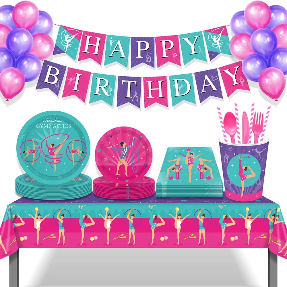Sรผรe Mรคdchen Tanz Frauen Gymnastik Sport Geburtstag Party Einweg Geschirr Sets Teller Tischdecken Baby Dusche Party Liefert