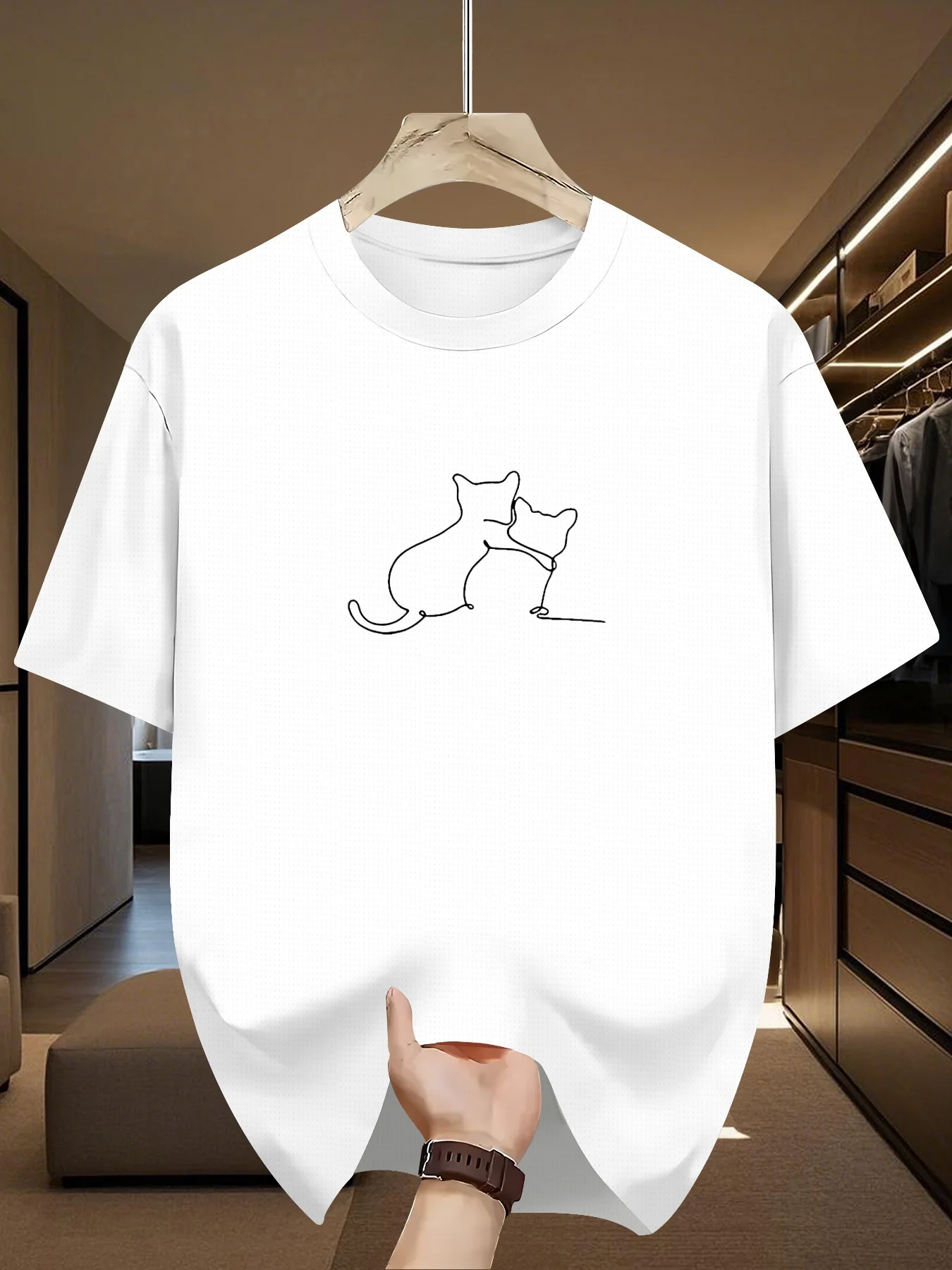 Hugging Cats Line Art Tee T Shirt Men Women Short Sleeve Minimalist Pet Print Crew Neck Cotton Daily Casual Tee