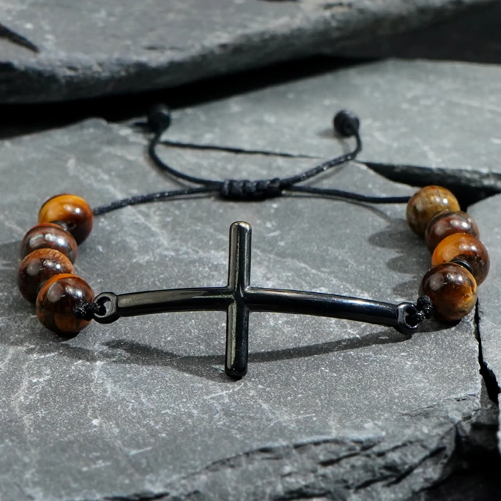 A gun colored cross yellow tiger eye semi precious stone men's bracelet, suitable for men's daily wear