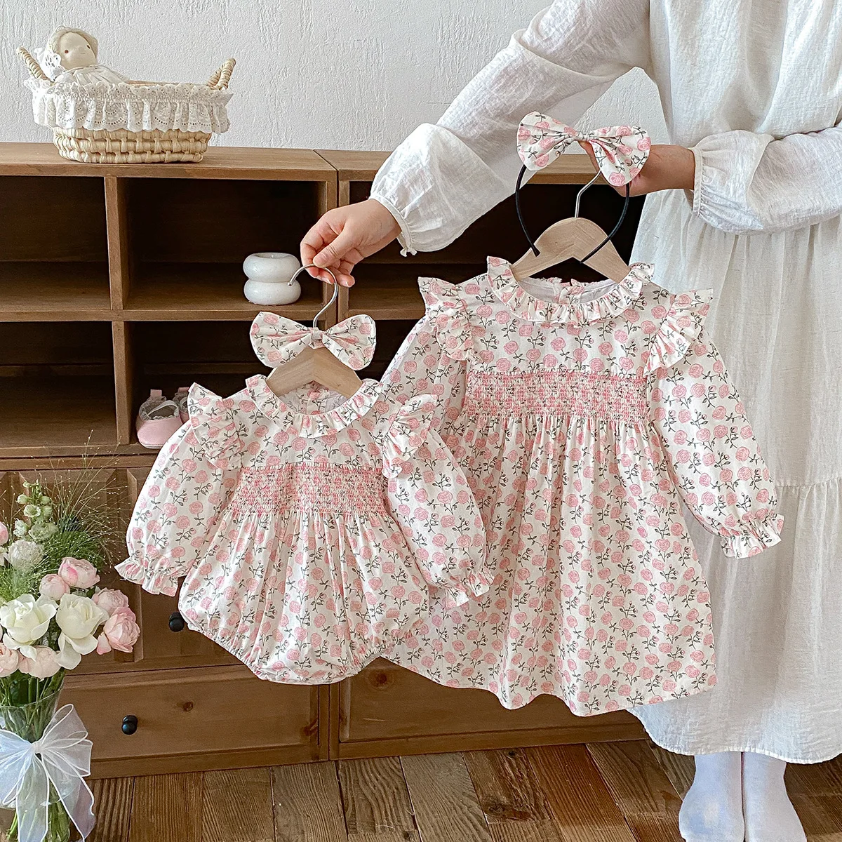 2026 Baby Clothes Fall Baby Girl Onesie Girls Long Sleeve Dress Sisters Cotton New Childrens Wear Flower Printed