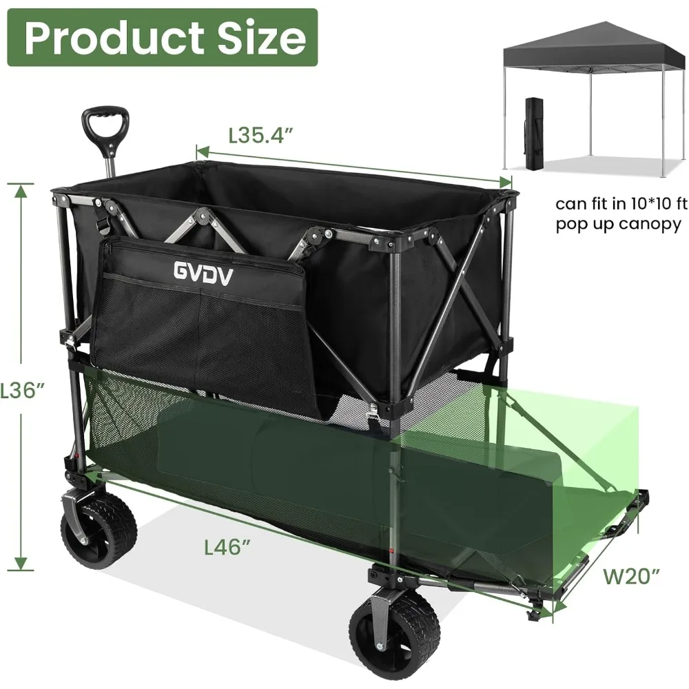 All-Terrain Double Decker Wagon with 500 LB Capacity and 400L Collapsible Carts, 46-Inch Extendable Cart with Nylon for Outdoor