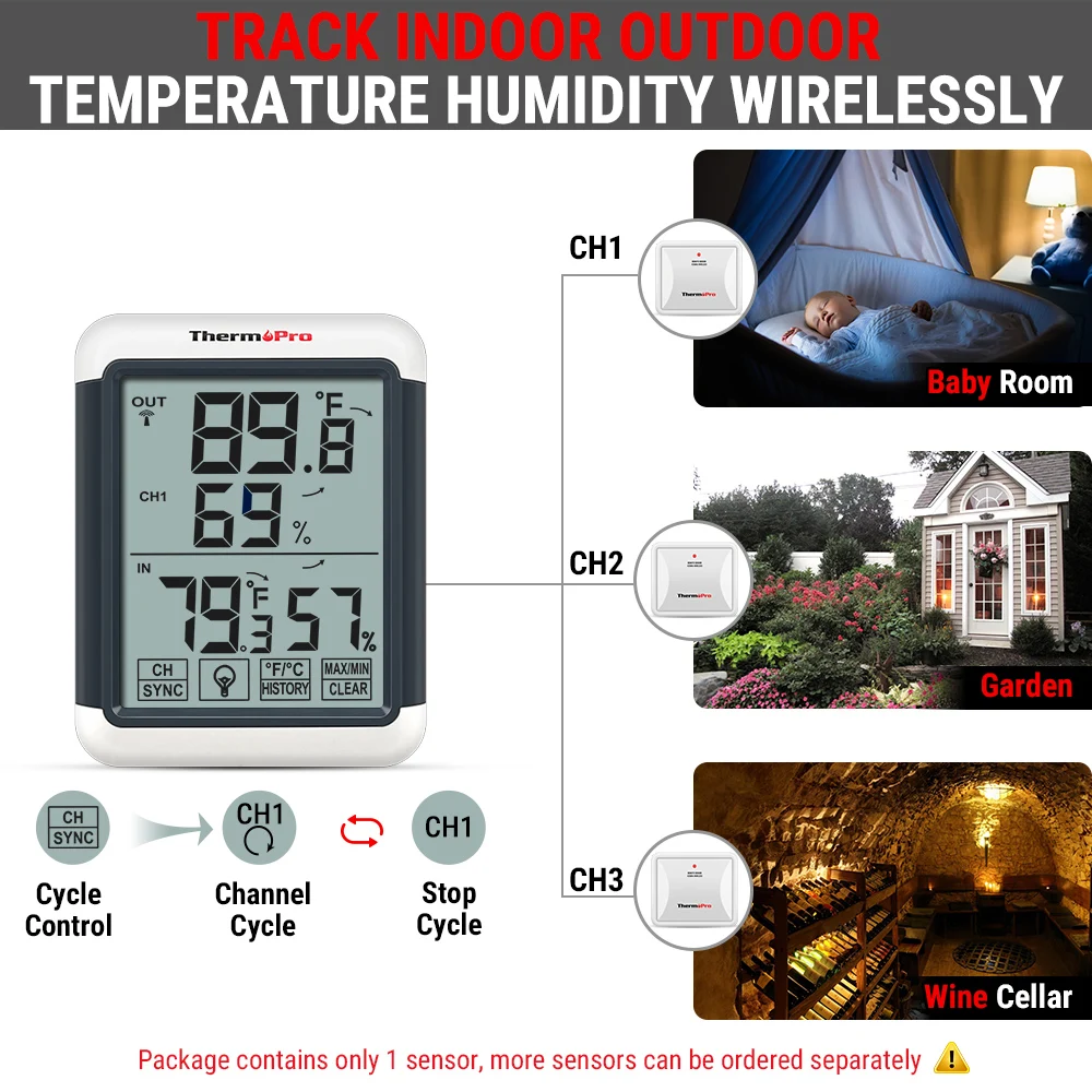 ThermoPro TP65C Wireless 100m Digital Indoor Outdoor Thermometer Hygrometer For Home Touch Screen Weather Station Backlight