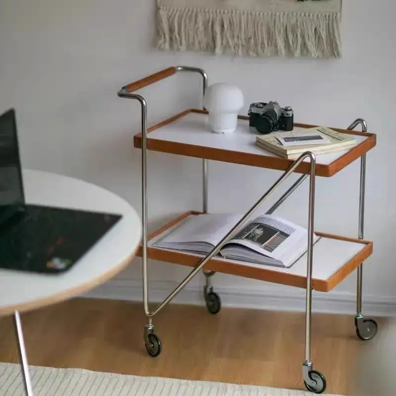 

Vintage solid wood cart simple sofa side table movable home living room sideboard storage rack