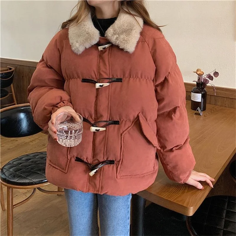 

Chic Horn Button Parka for Women Thicken Warm Rabbit Fur Collar Puffer Jacket Loose Long Sleeve Tops Solid Color Winter Outwear