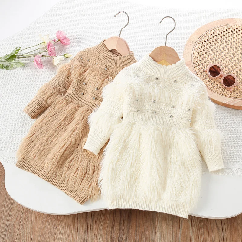 

Girls' Sweater Dress Autumn Winter New Korean Style Baby Girl Knitted Beaded Fashionable Children's Wool Dress Trendy