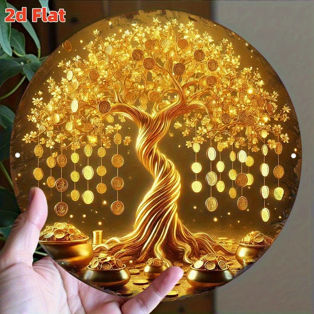 2D Flat, Wealth Tree – Golden Coins Tree of Prosperity – Feng Shui Wealth Symbol – Rundes Aluminium-Metallschild – Innen-/Außenbereich