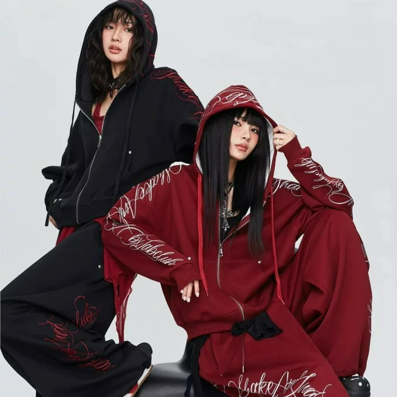 

Trendy Cool Hot Girl Hooded Zipper Hoodie Pants Set for Women 2026 Autumn/Winter New Fashion Solid Color Printed Two Piece Set