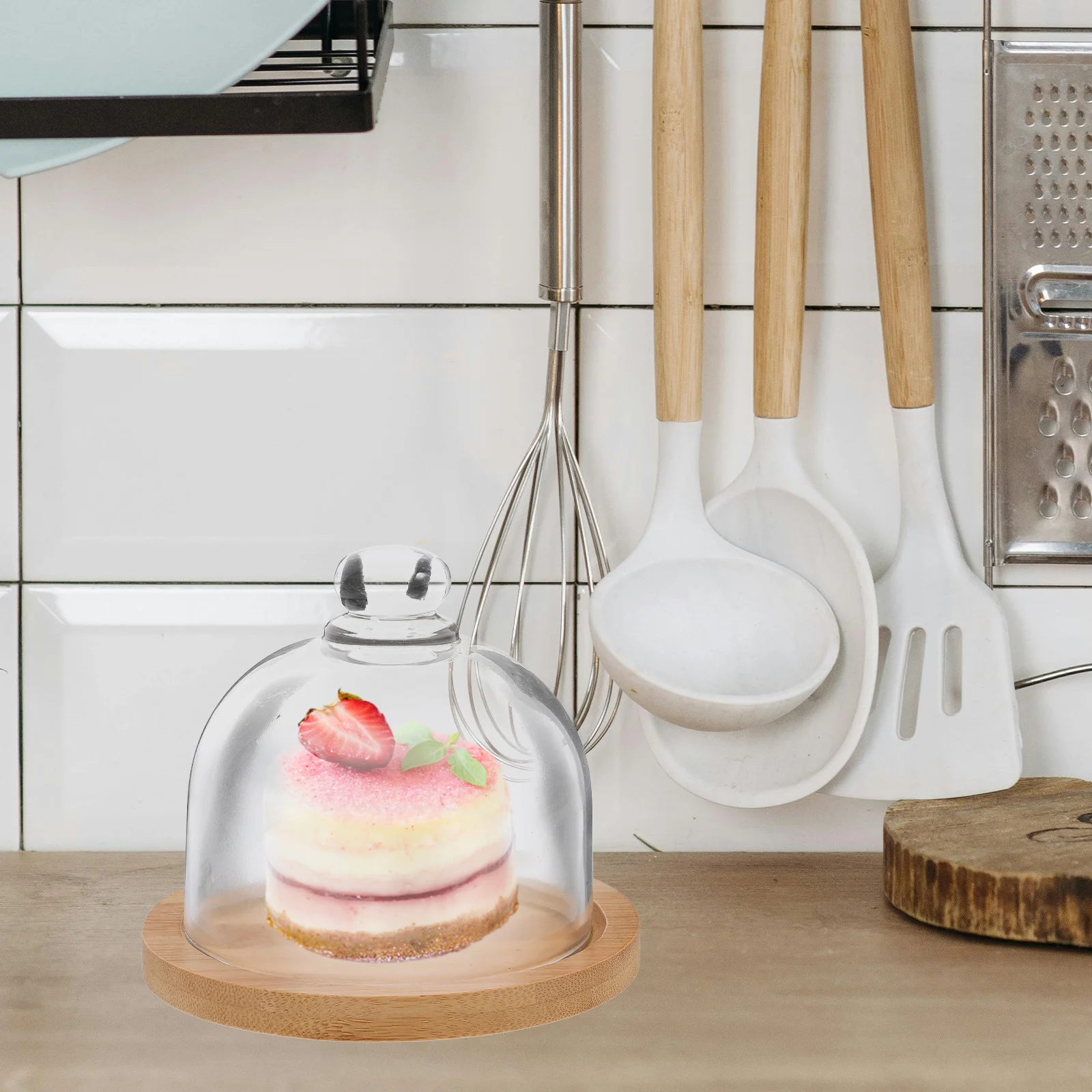 

1Set Clear Lid Design Glass Cake Cover Wooden Plate Food Display Tray for Home Hotel Restaurant Party Cake Glass Cover