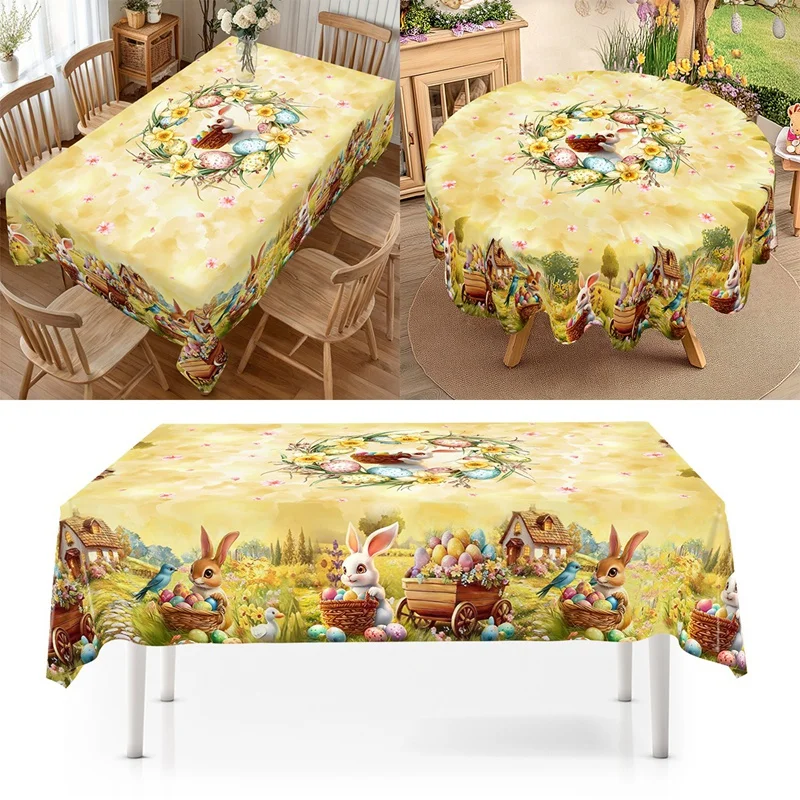 Rustikale Oster-Tischdecke mit Hasen und Eiern, Tischdecke im Landhausstil, Osterdekoration für Zuhause, Küche, Esszimmer, Frühlingsgarten-Tischdecke