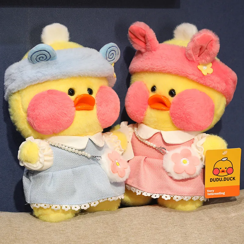 Dududuck Plush Cartoon Animal Toy Stuffed Pink Cheek Yellow Duck Dressed Standing Plushie Companion Birthday Present