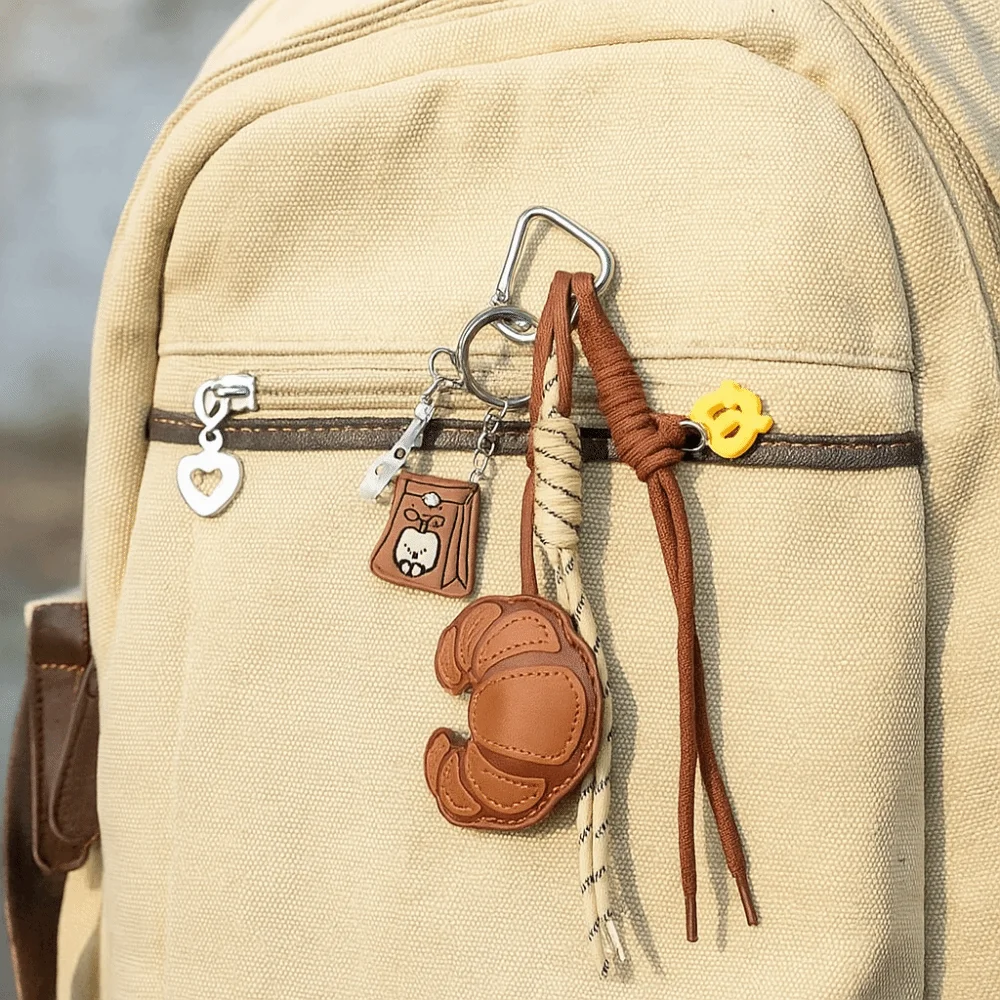Diy Braided Rope Leather Croissant keychain Hand-Woven Bag Decoration Ladies Horn Bag Pendant Anti-Lost Trinket
