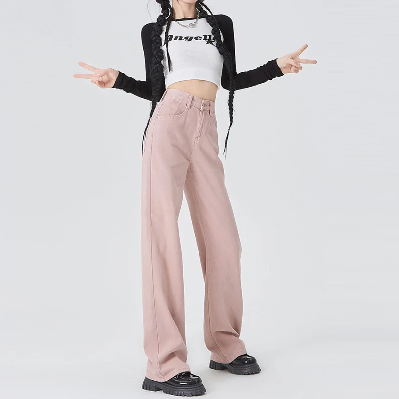 Women Jeans Pink Straight Wide Leg Pants Baggy High Waist Denim Trousers Vintage Y2k Streetwear Korean Style Female Clothing