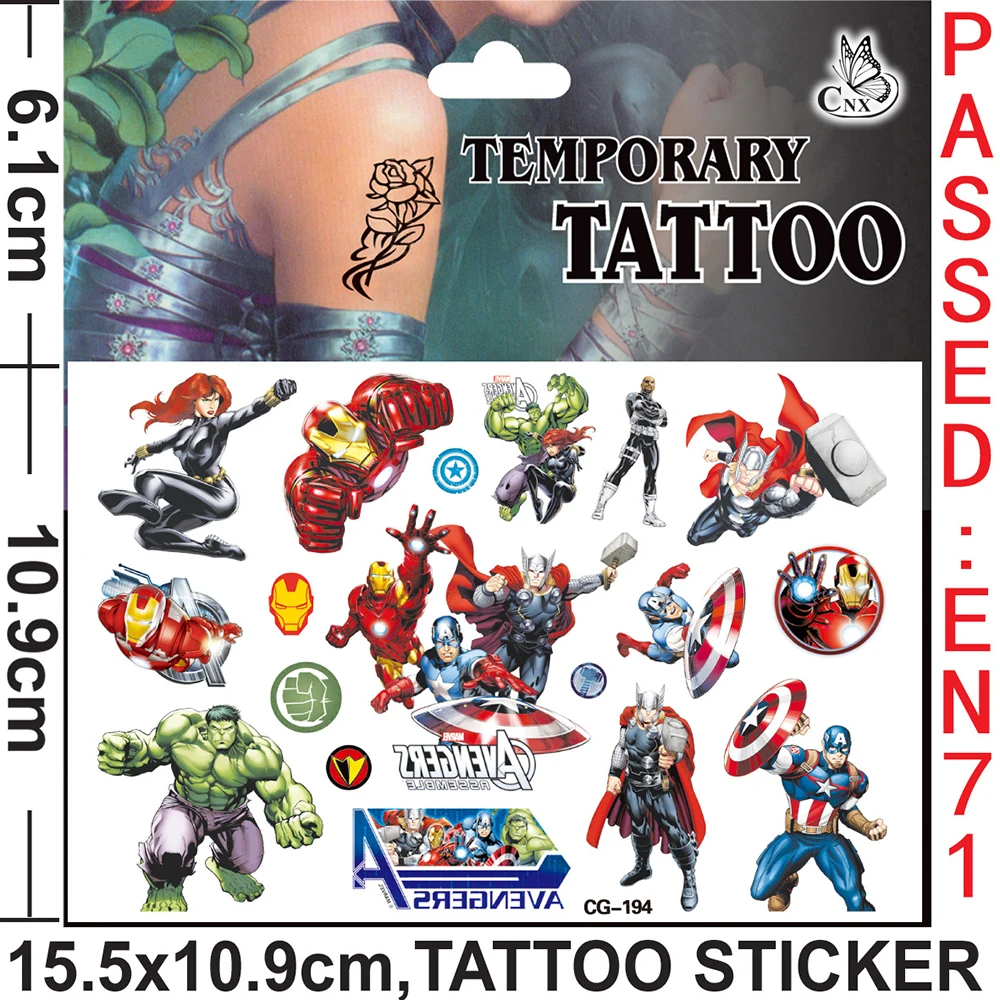 Disney The Avengers Tattoo Stickers Captain America Iron Man Hulk Children Temporary Tattoos Body Art Kids Toys Birthday Party