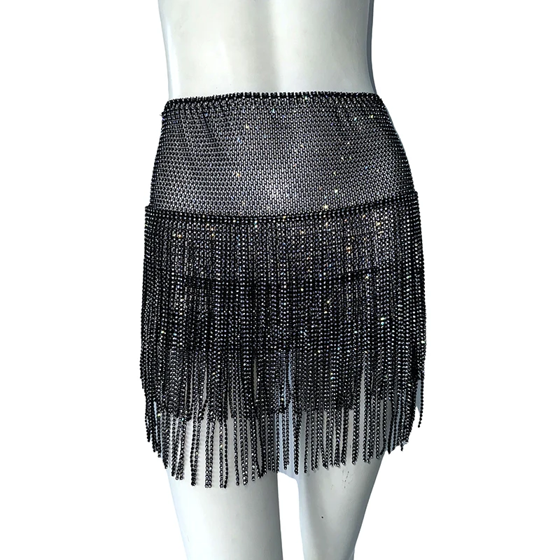 Frauen Sexy Hohl Durchsichtig Rock Glänzenden Strass Quaste Elastische Taille Mini Rock Rave Festival Nachtclub Rock