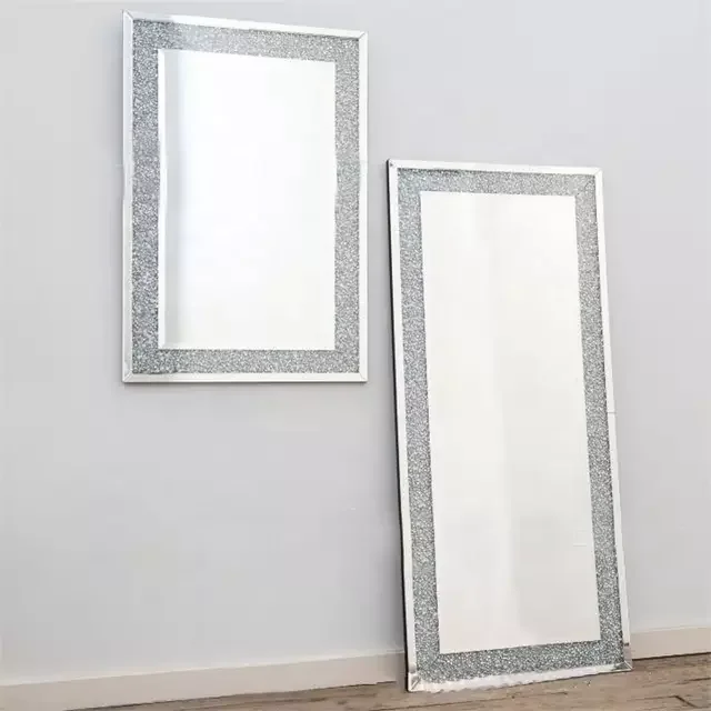 Simple silver rhinestone decorative mirror, floor-to-ceiling full-body mirror