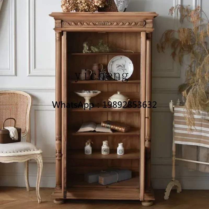 D1French Retro Solid Wood Sideboard Storage Cabinet Home Living Room Carved Wall-Mounted  Wine Cabinet Glass Display Cabinet