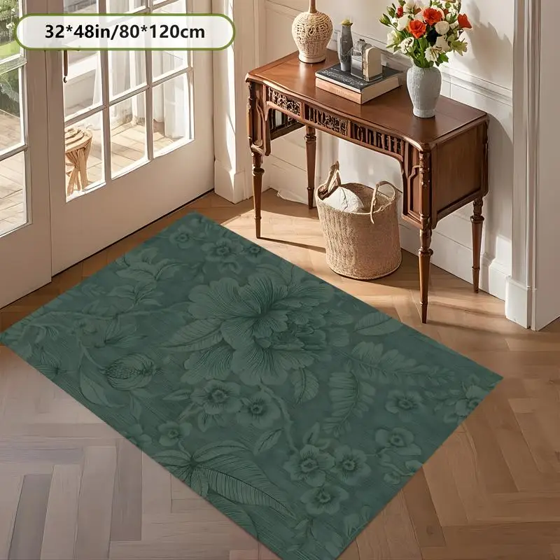 Dark Green Vintage Subtle Floral Rug Soft Velvet Living Room Bedroom Home Decor