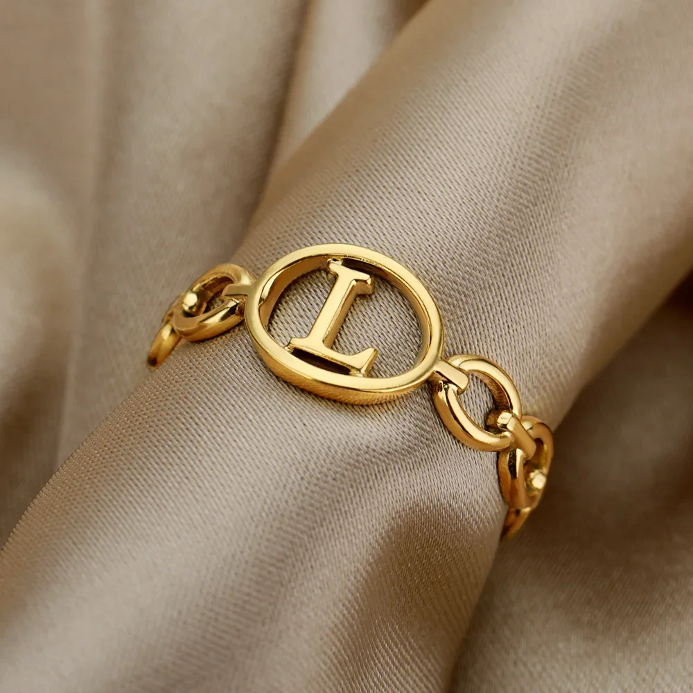 Stainless Steel Hollow Initial Rings For Women Gold Color A-Z Letter Open Adjustable Ring Female Aesthetic Wedding Jewelry Gift