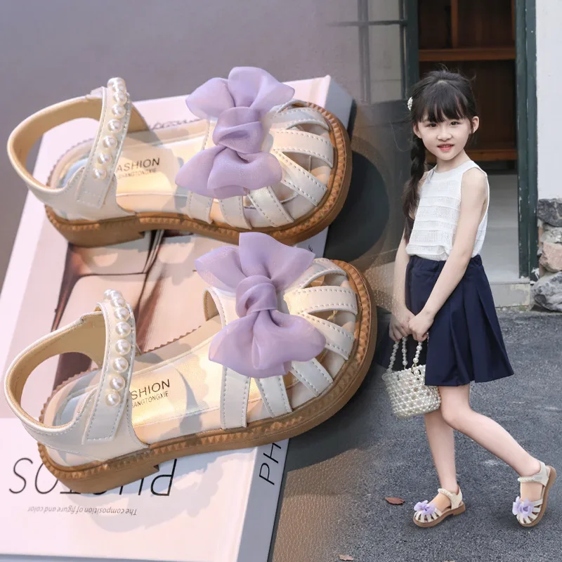

Fashion Pearl Bow Girls' Sandals 2025 Summer New Girls' Closed-toe Princess Shoes Soft Sole Anti Slip Baby Kid's Beach Shoes