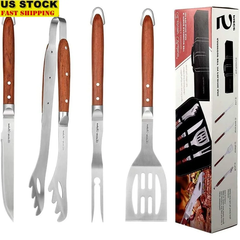 

Deluxe BBQ Grill Tool Set Rosewood Handles Heavy Duty Stainless Steel Accessories Portable Grilling Tools Perfect Gift Men