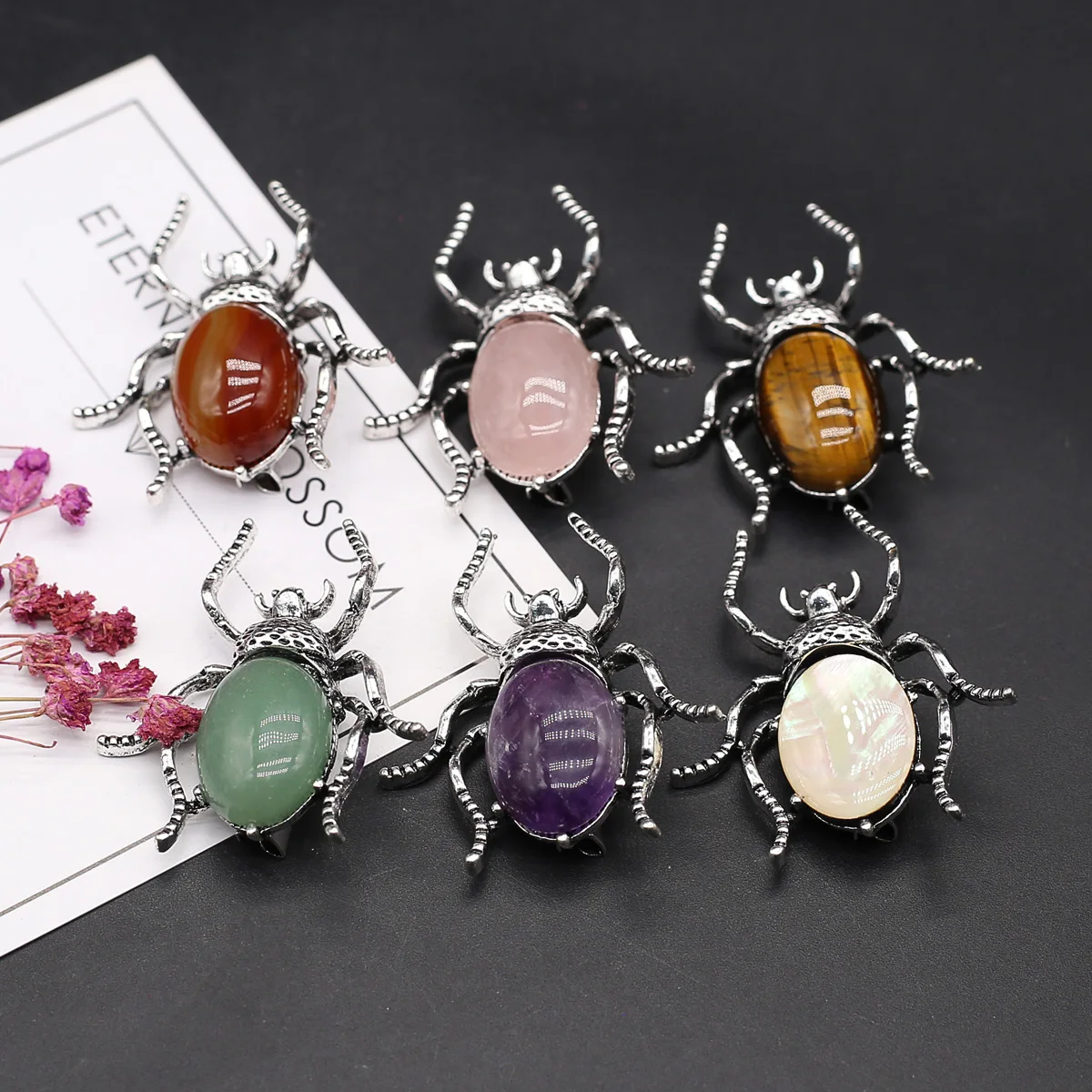 Natural Stone Brooches Rose Quartz Amethysts Alloy Pins for Fashion Alloy Dress Coat Jewelry Accessory Women's Brooch Gifts