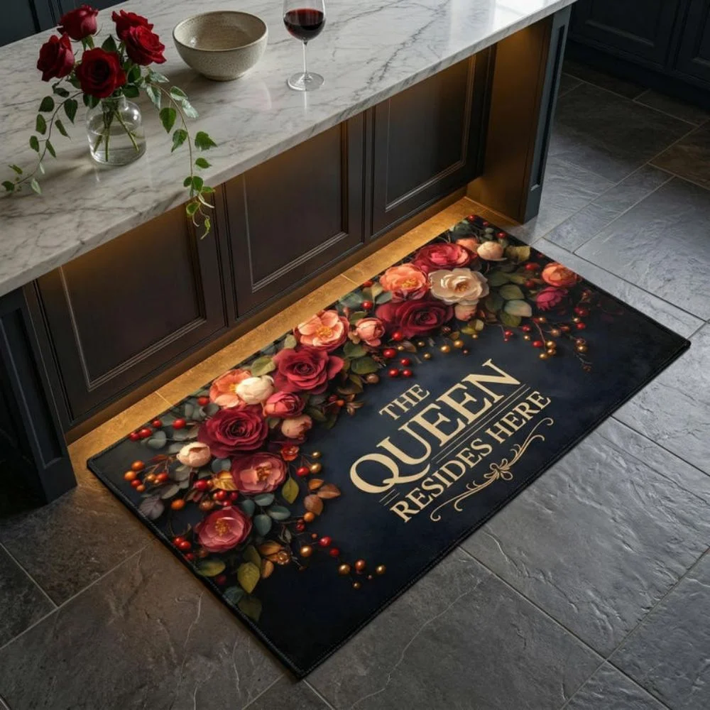 VIKAMA Queen Resides Here Red Rose Floral Elegant Art Crystal Velvet Door Mat Non Slip Entryway Bedroom Living Room Home Decor