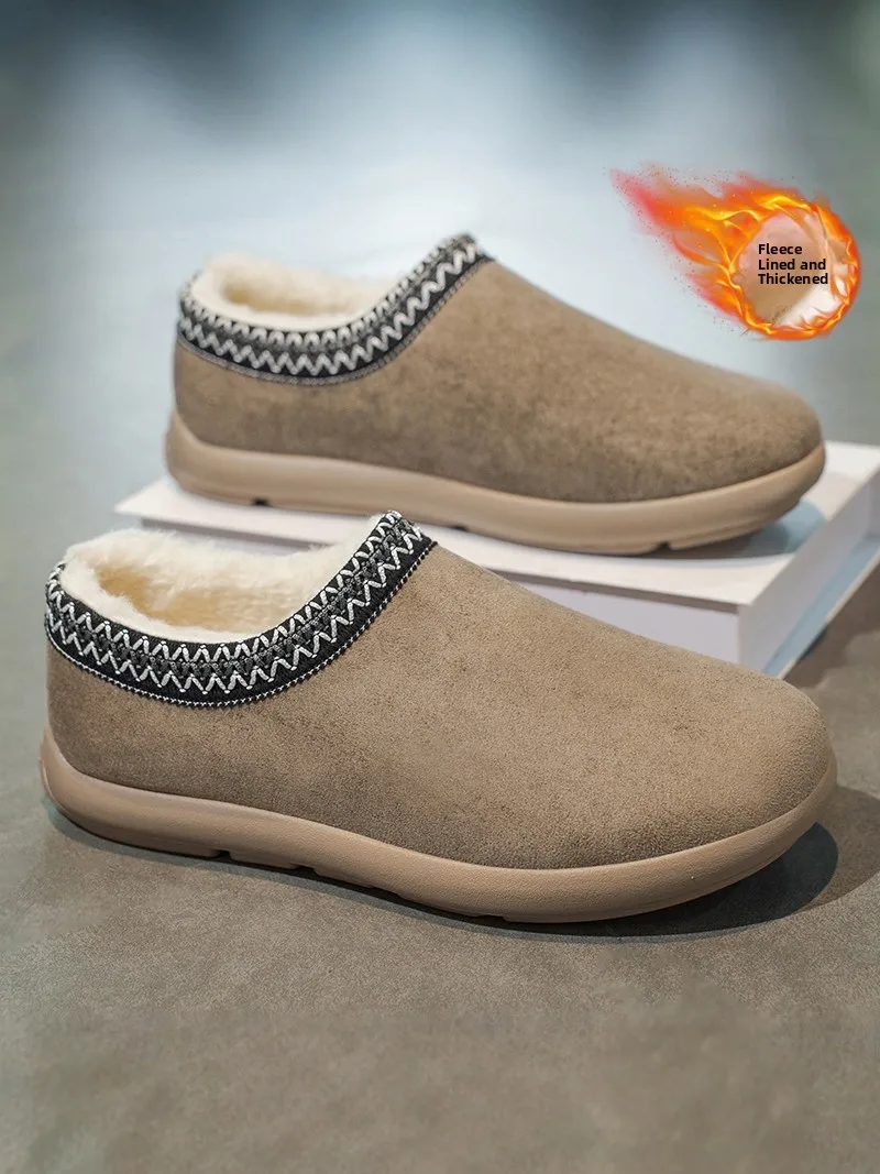Men's Cotton Slippers Winter Fleece Lined Warm Fur Integrated Casual Outdoor Anti-slip Large Size Buckle  Cotton S...