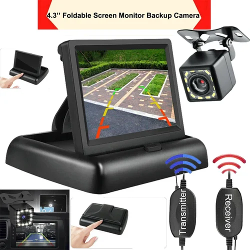 Imagen 1 del producto Cámara de respaldo inalámbrica para coche, Monitor de 12LED, sistema de visión trasera, Kit de visión nocturna, 4,3 pulgadas